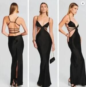 Retrofête Selma Black Satin XL V-Neck Sleeveless Gown
